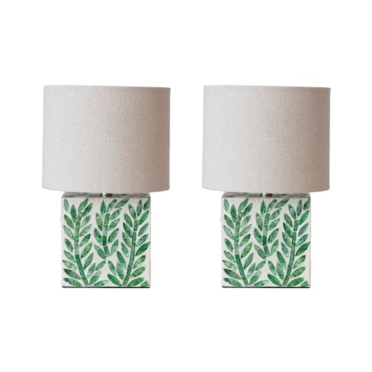 Hello Honey® 14" Green Botanical Pattern Reclaimed Wood & Shell Table Lamp with Linen Shade, 2ct.